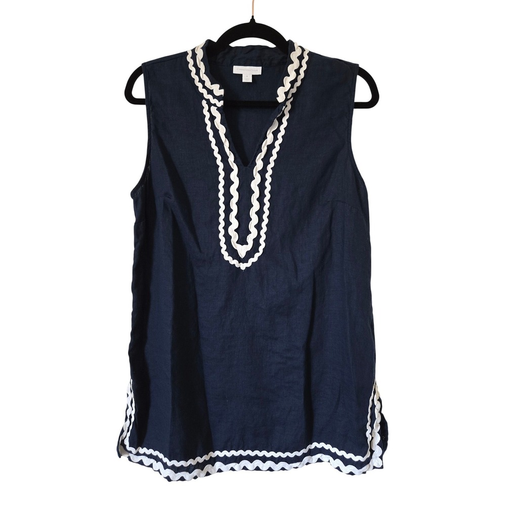 Charter Club M Tunic Womens Navy Blue Linen Sleeveless Ric-Rac Trim